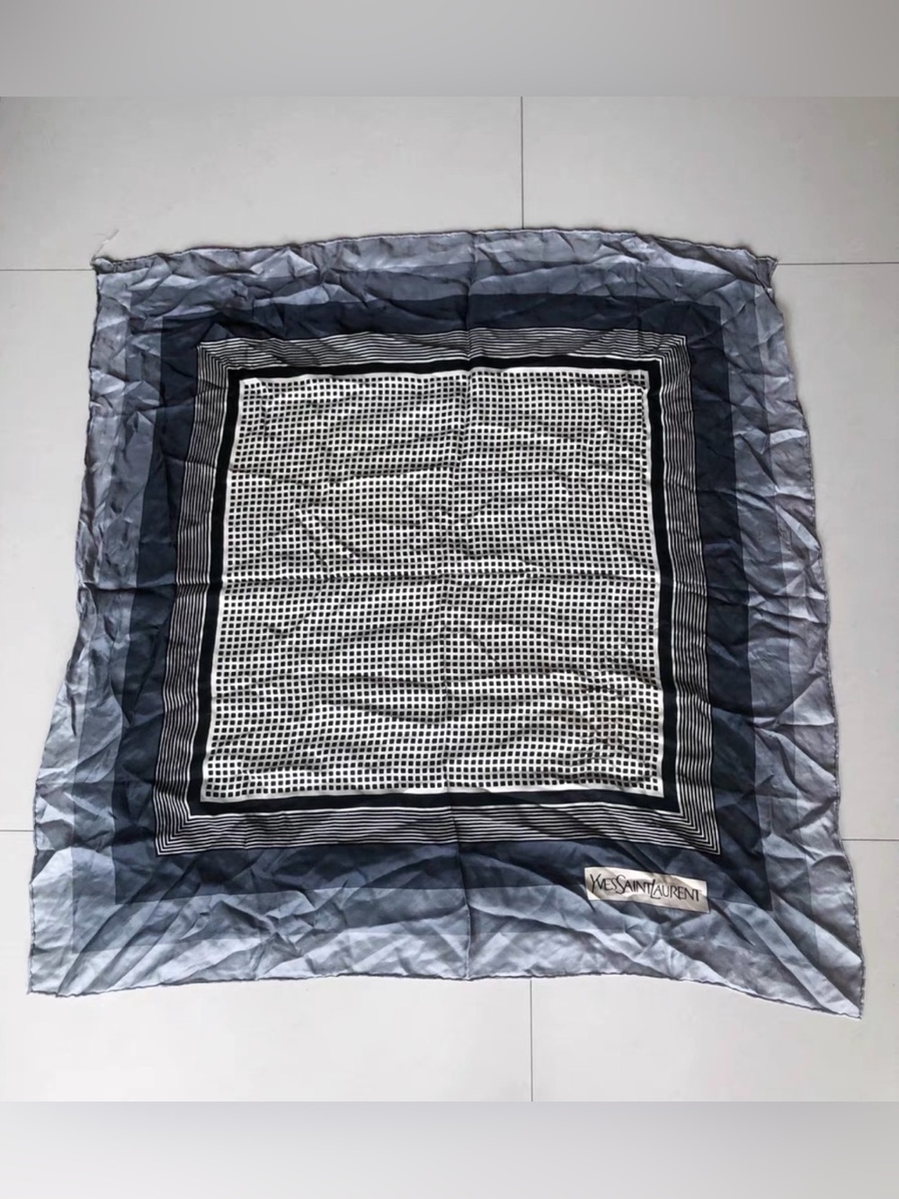 Yves Saint Laurent Blue and black gray Geometric Silk Scarf 79cm×79cm